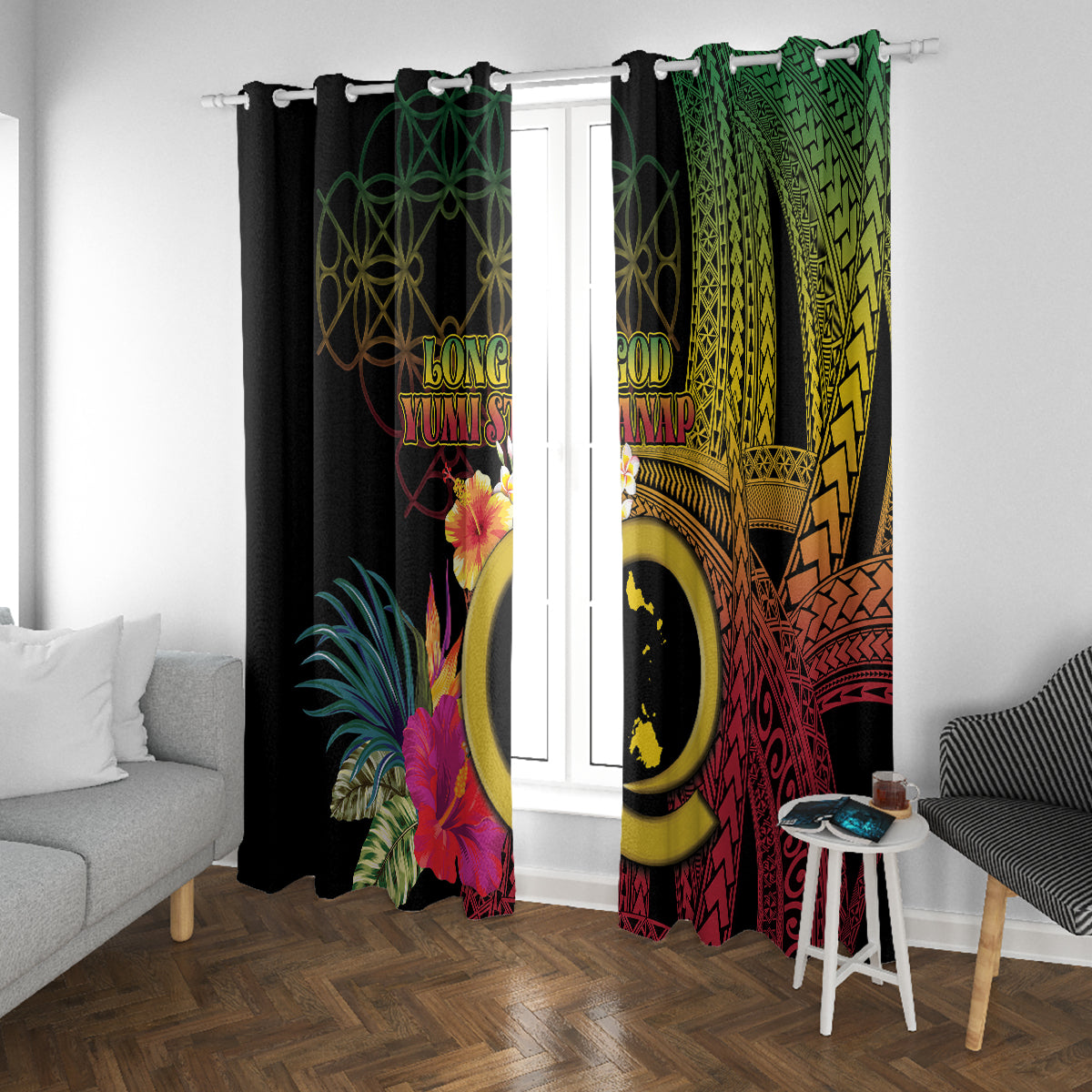 Vanuatu Shefa Day Window Curtain Sand Drawing Melanesian LT03 With Grommets Black - Polynesian Pride