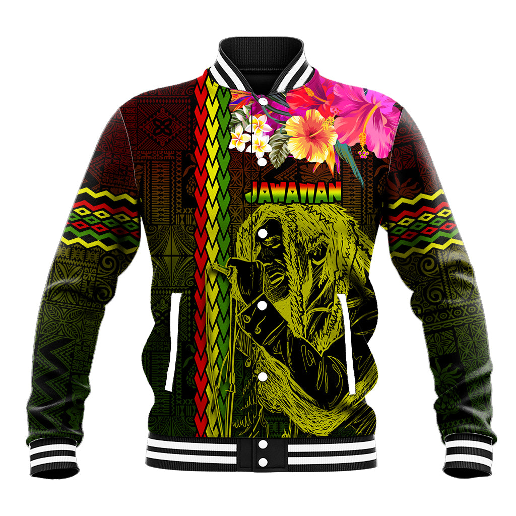 Hawaiian Reggae Music Baseball Jacket Jamaica Singer Tribal Polynesian and Hibiscus