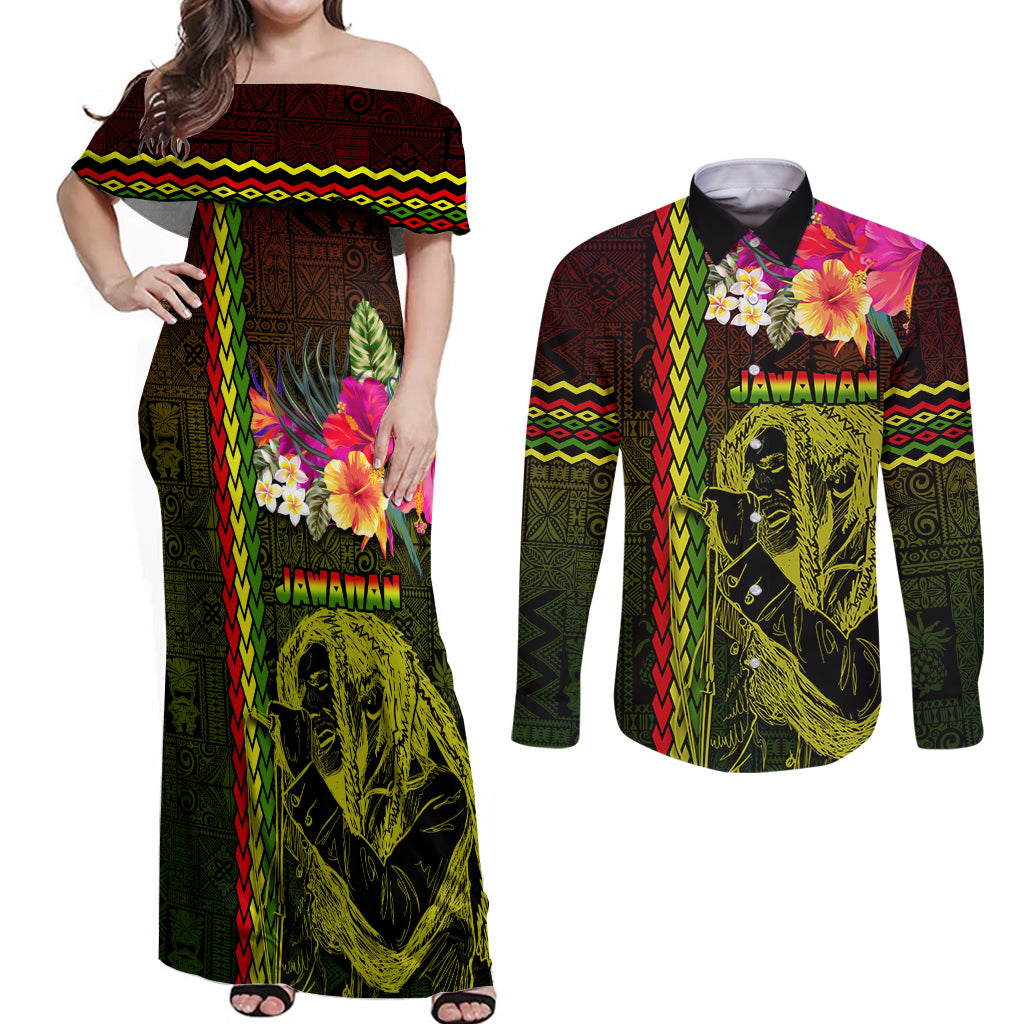 Hawaiian Reggae Music Couples Matching Off Shoulder Maxi Dress and Long Sleeve Button Shirt Jamaica Singer Tribal Polynesian and Hibiscus