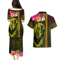Hawaiian Reggae Music Couples Matching Puletasi and Hawaiian Shirt Jamaica Singer Tribal Polynesian and Hibiscus