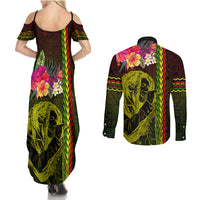 Hawaiian Reggae Music Couples Matching Summer Maxi Dress and Long Sleeve Button Shirt Jamaica Singer Tribal Polynesian and Hibiscus