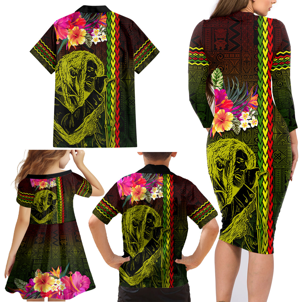 Hawaiian Reggae Music Family Matching Long Sleeve Bodycon Dress and Hawaiian Shirt Jamaica Singer Tribal Polynesian and Hibiscus