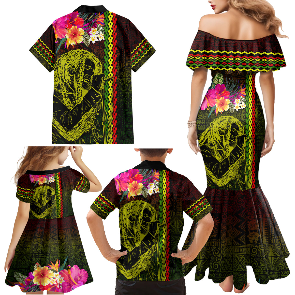 Hawaiian Reggae Music Family Matching Mermaid Dress and Hawaiian Shirt Jamaica Singer Tribal Polynesian and Hibiscus