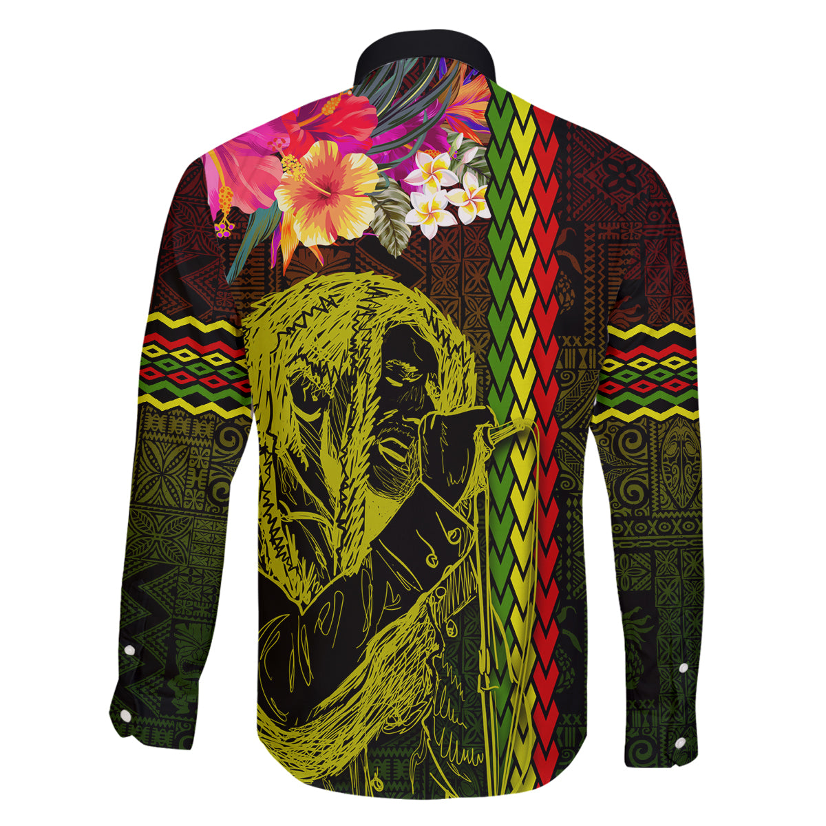 Hawaiian Reggae Music Family Matching Off The Shoulder Long Sleeve Dress and Hawaiian Shirt Jamaica Singer Tribal Polynesian and Hibiscus