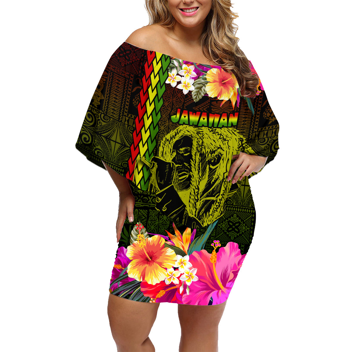 Hawaiian Reggae Music Family Matching Off Shoulder Short Dress and Hawaiian Shirt Jamaica Singer Tribal Polynesian and Hibiscus