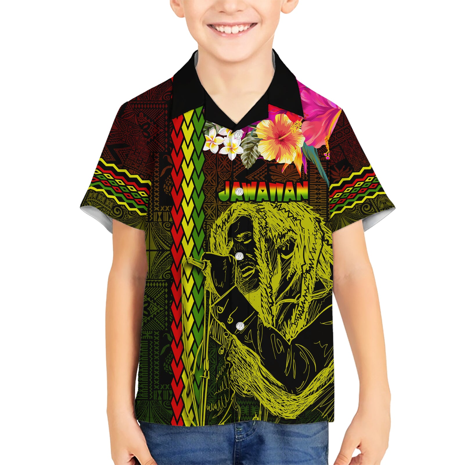 Hawaiian Reggae Music Kid Hawaiian Shirt Jamaica Singer Tribal Polynesian and Hibiscus