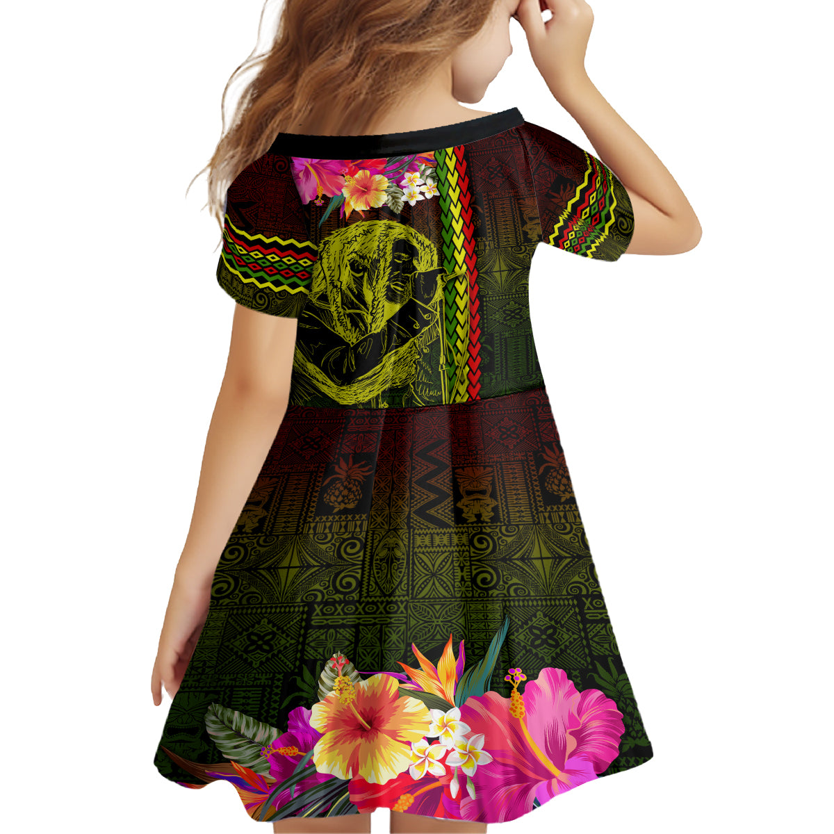 Hawaiian Reggae Music Kid Short Sleeve Dress Jamaica Singer Tribal Polynesian and Hibiscus