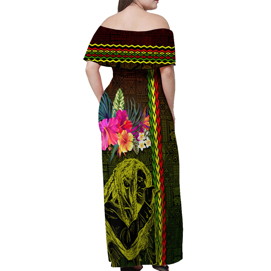 Hawaiian Reggae Music Off Shoulder Maxi Dress Jamaica Singer Tribal Polynesian and Hibiscus