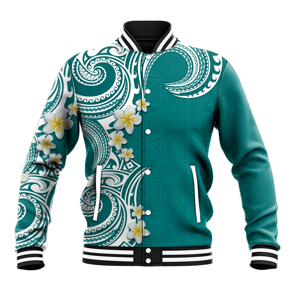 Aloha Polynesian Plumeria Flower Baseball Jacket Teal Color