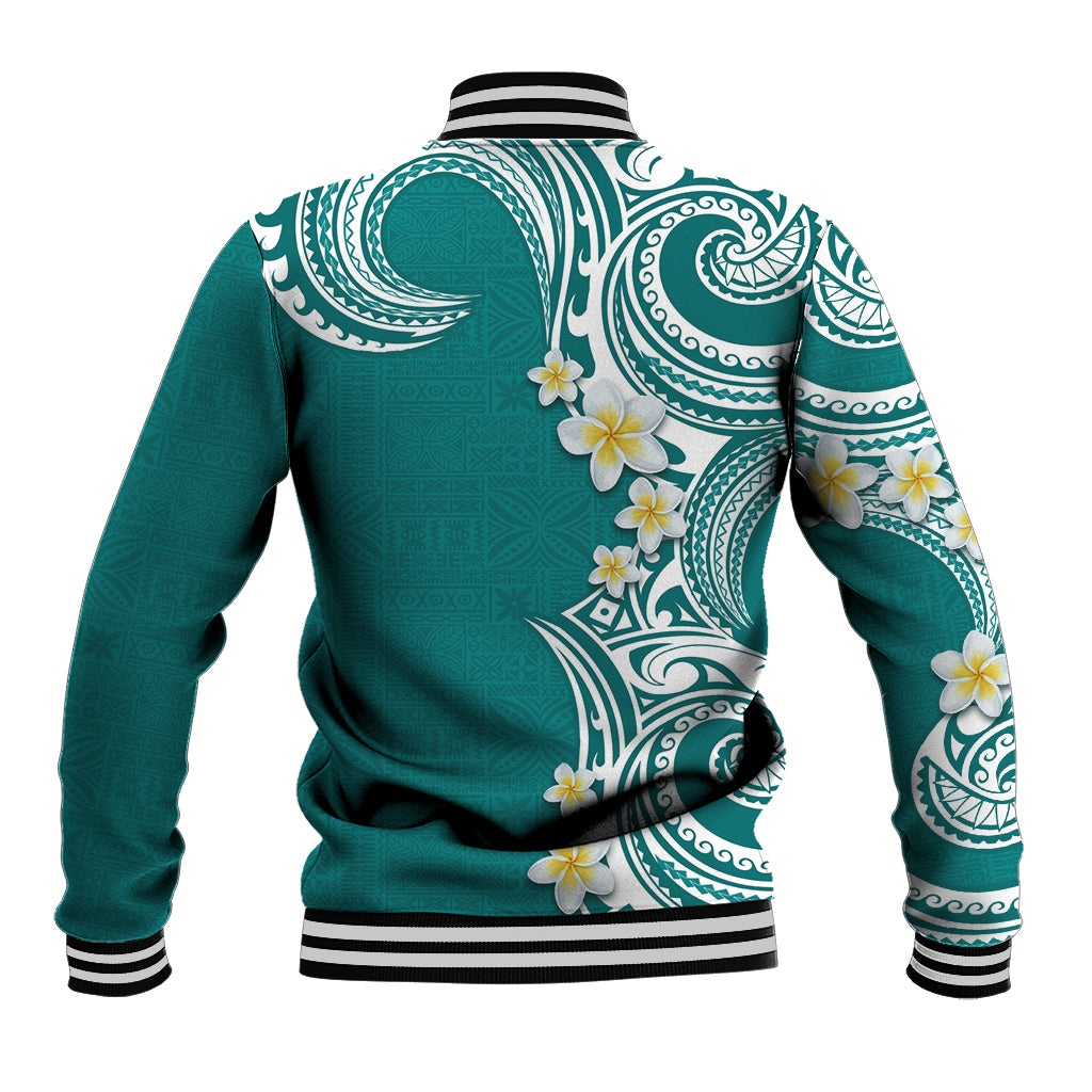 Aloha Polynesian Plumeria Flower Baseball Jacket Teal Color