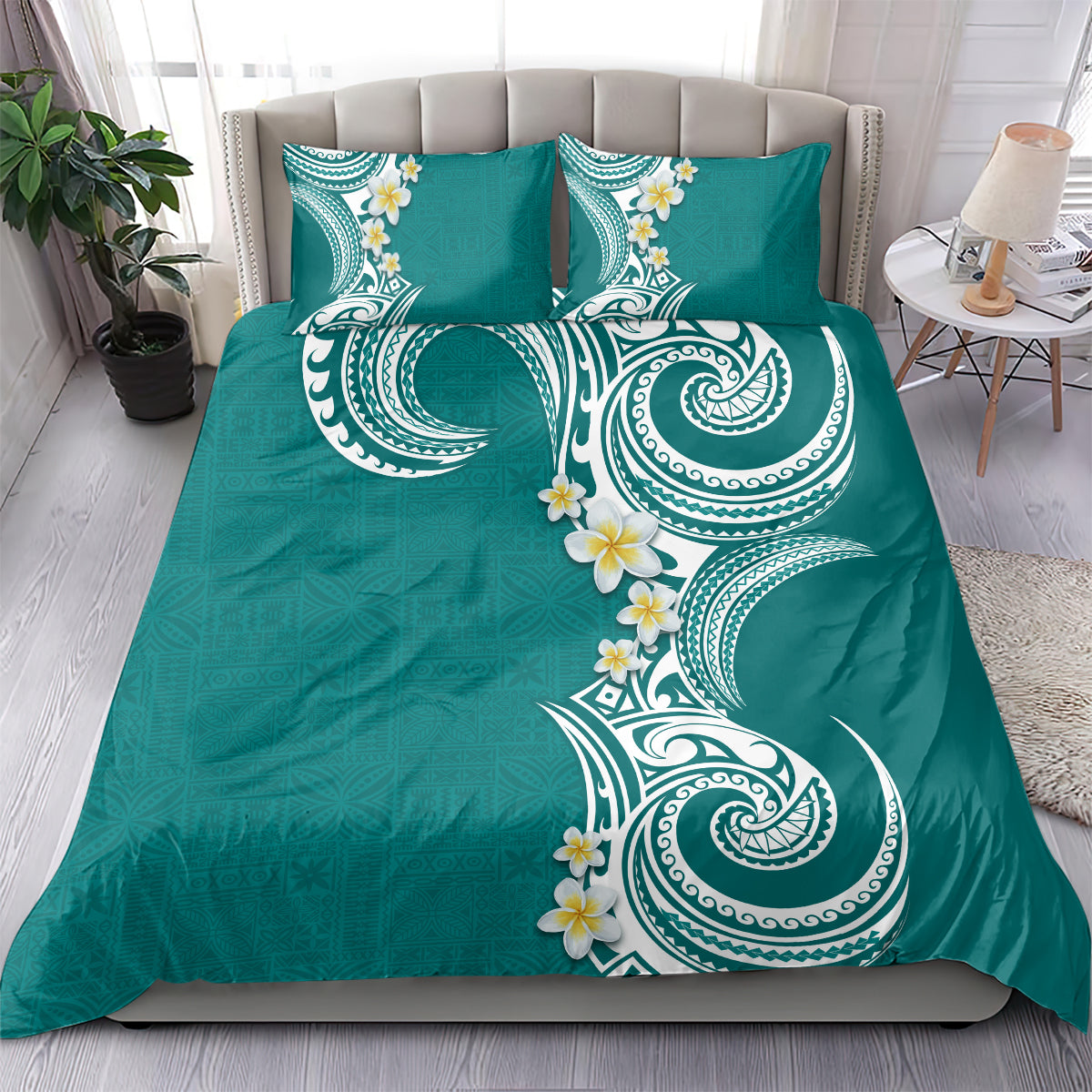 Aloha Polynesian Plumeria Flower Bedding Set Teal Color