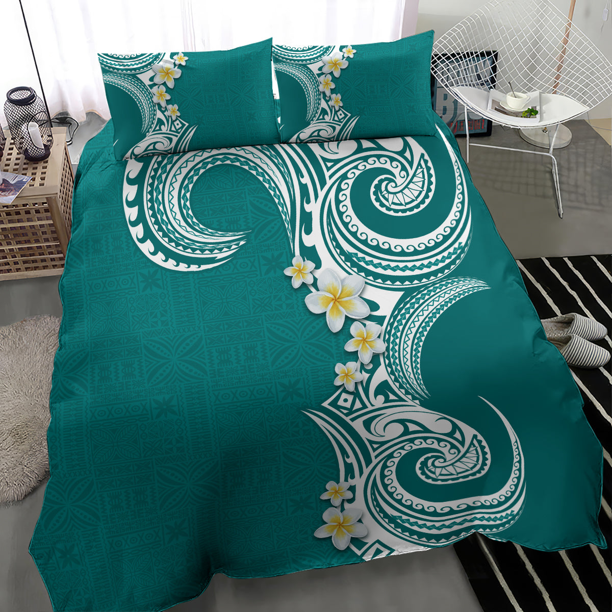 Aloha Polynesian Plumeria Flower Bedding Set Teal Color