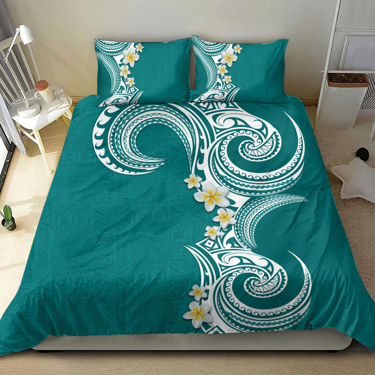 Aloha Polynesian Plumeria Flower Bedding Set Teal Color