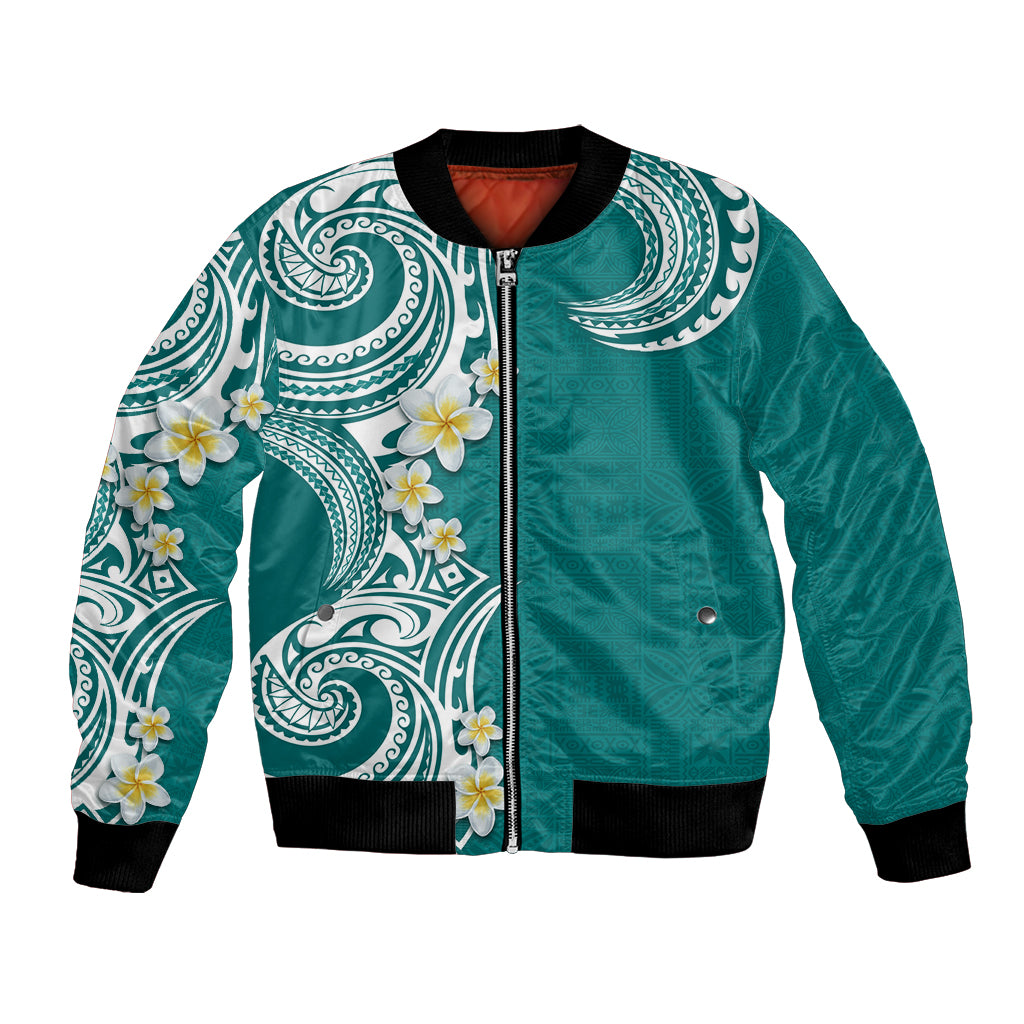 Aloha Polynesian Plumeria Flower Bomber Jacket Teal Color