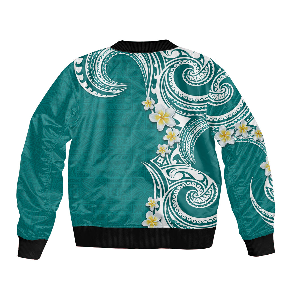 Aloha Polynesian Plumeria Flower Bomber Jacket Teal Color