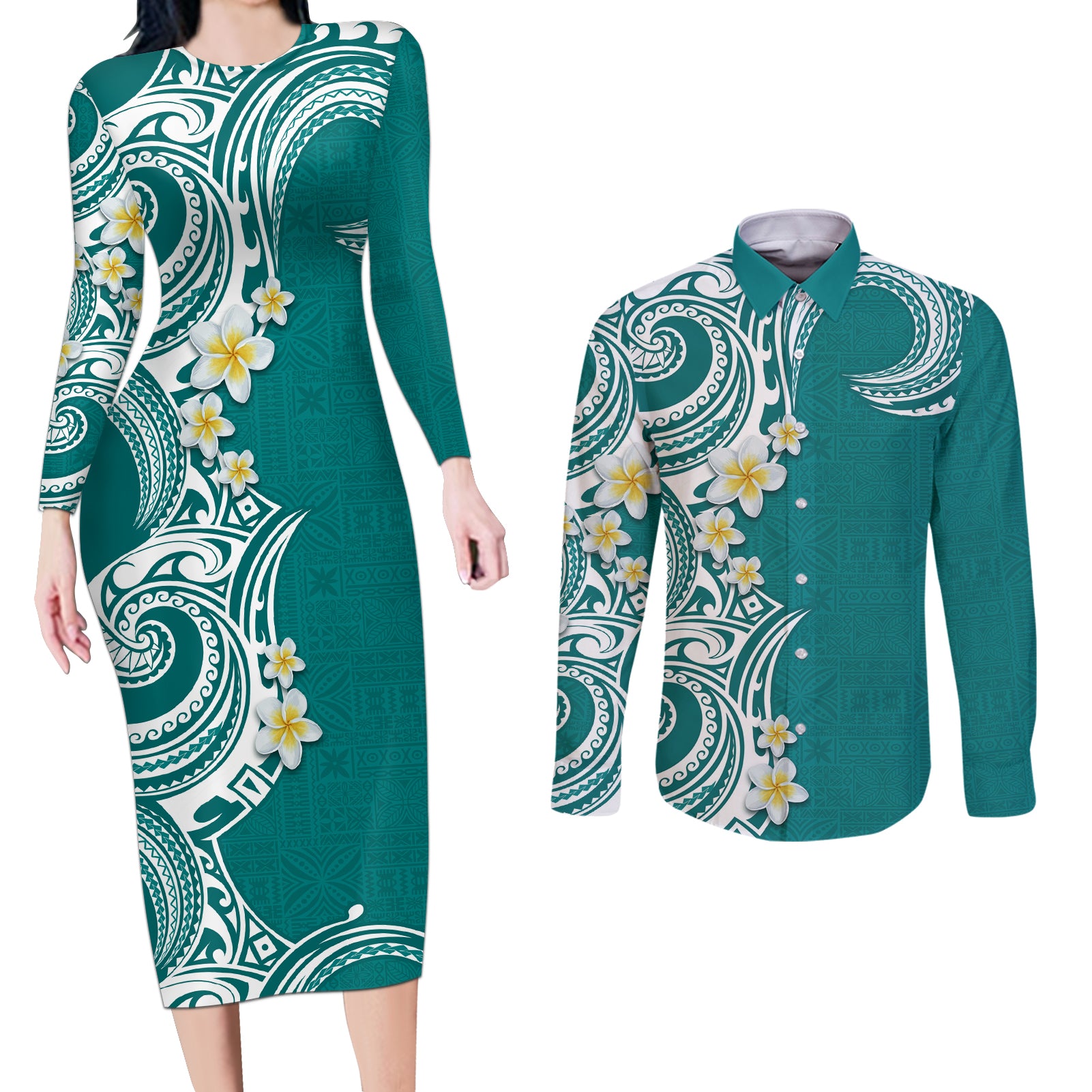 Aloha Polynesian Plumeria Flower Couples Matching Long Sleeve Bodycon Dress and Long Sleeve Button Shirt Teal Color