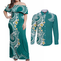 Aloha Polynesian Plumeria Flower Couples Matching Off Shoulder Maxi Dress and Long Sleeve Button Shirt Teal Color