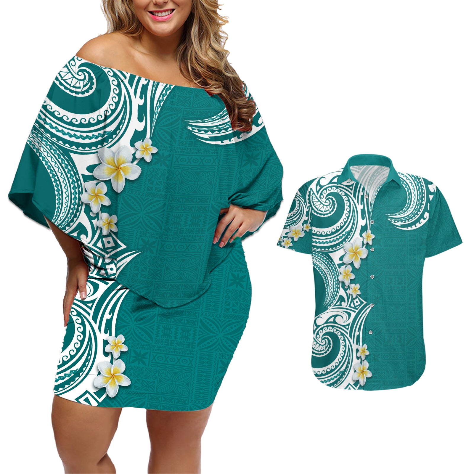 Aloha Polynesian Plumeria Flower Couples Matching Off Shoulder Short Dress and Hawaiian Shirt Teal Color