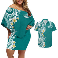 Aloha Polynesian Plumeria Flower Couples Matching Off Shoulder Short Dress and Hawaiian Shirt Teal Color
