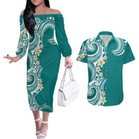 Aloha Polynesian Plumeria Flower Couples Matching Off The Shoulder Long Sleeve Dress and Hawaiian Shirt Teal Color