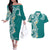 Aloha Polynesian Plumeria Flower Couples Matching Off The Shoulder Long Sleeve Dress and Hawaiian Shirt Teal Color