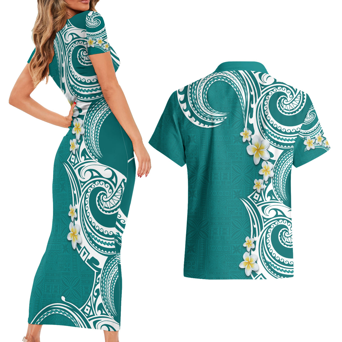 Aloha Polynesian Plumeria Flower Couples Matching Short Sleeve Bodycon Dress and Hawaiian Shirt Teal Color