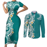 Aloha Polynesian Plumeria Flower Couples Matching Short Sleeve Bodycon Dress and Long Sleeve Button Shirt Teal Color