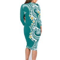 Aloha Polynesian Plumeria Flower Family Matching Long Sleeve Bodycon Dress and Hawaiian Shirt Teal Color