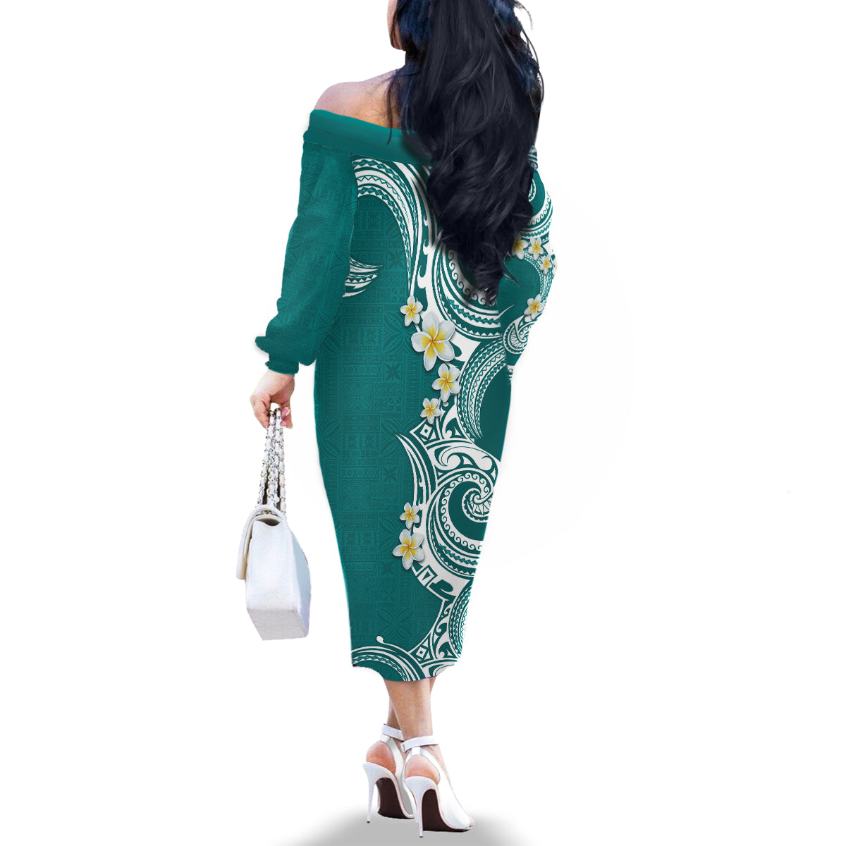 Aloha Polynesian Plumeria Flower Family Matching Off The Shoulder Long Sleeve Dress and Hawaiian Shirt Teal Color