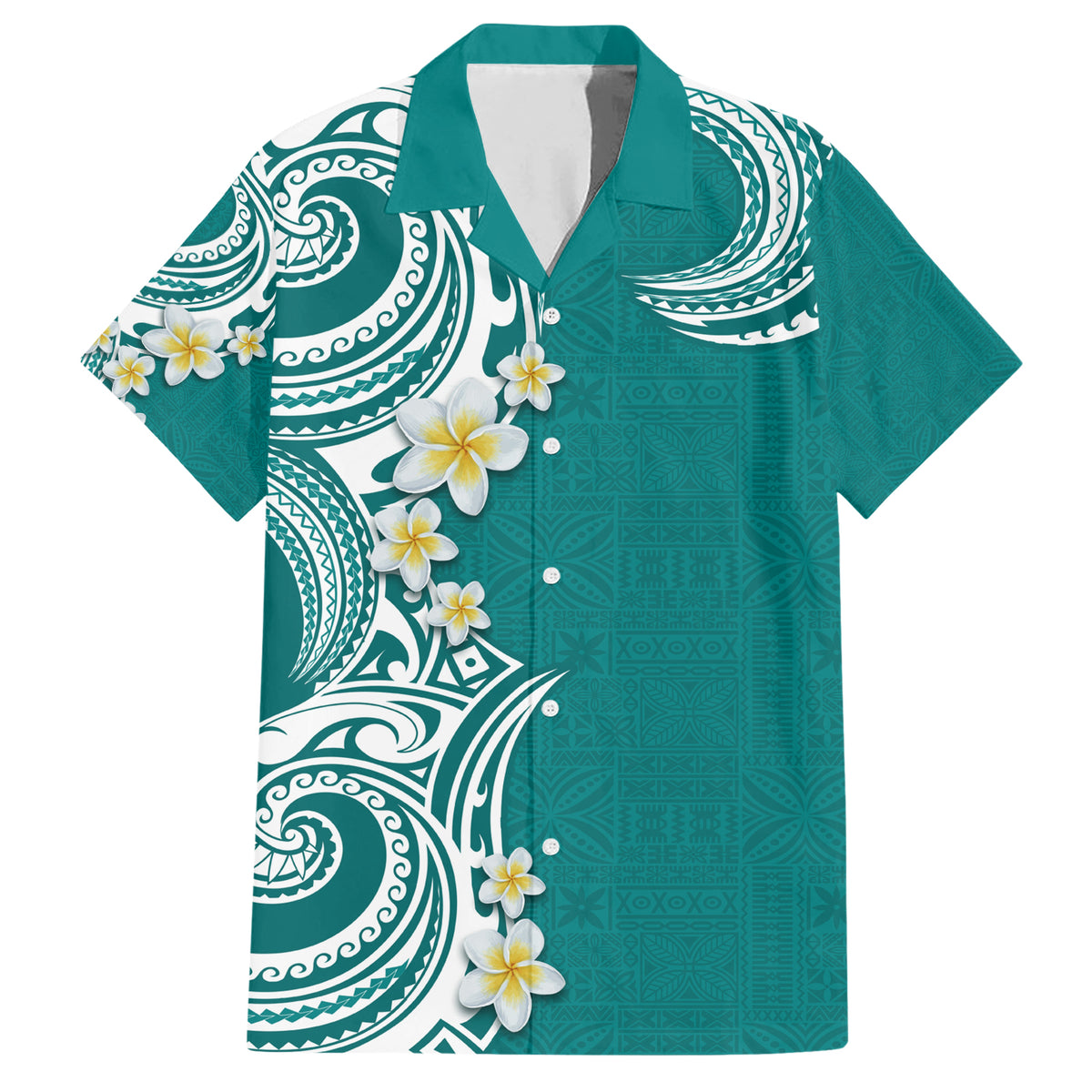 Aloha Polynesian Plumeria Flower Family Matching Short Sleeve Bodycon Dress and Hawaiian Shirt Teal Color