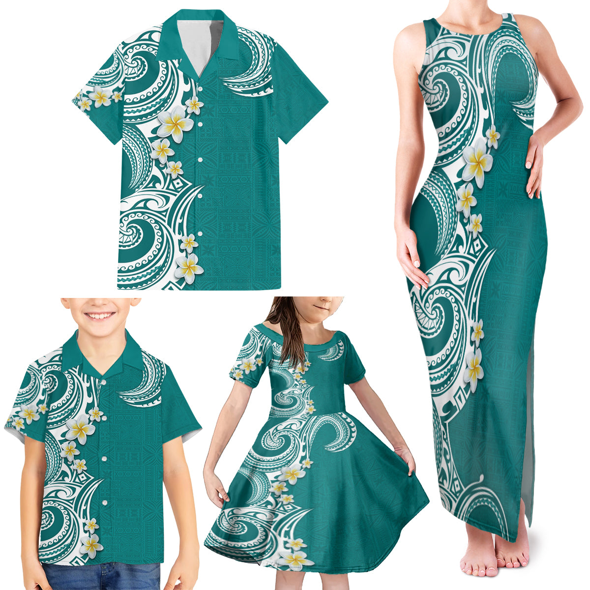 Aloha Polynesian Plumeria Flower Family Matching Tank Maxi Dress and Hawaiian Shirt Teal Color