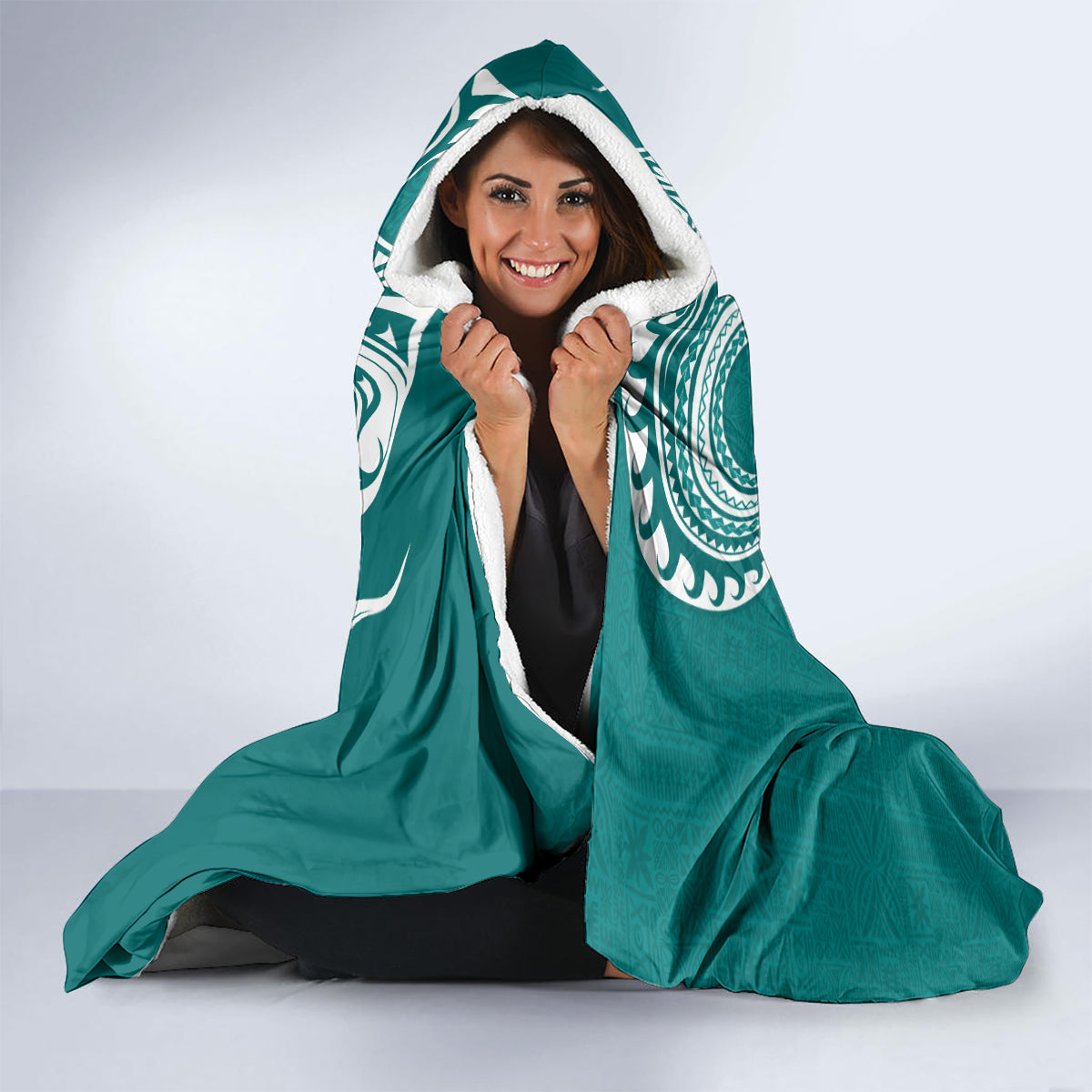 Aloha Polynesian Plumeria Flower Hooded Blanket Teal Color