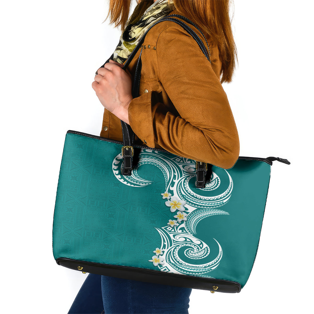 Aloha Polynesian Plumeria Flower Leather Tote Bag Teal Color LT03 Teal - Polynesian Pride