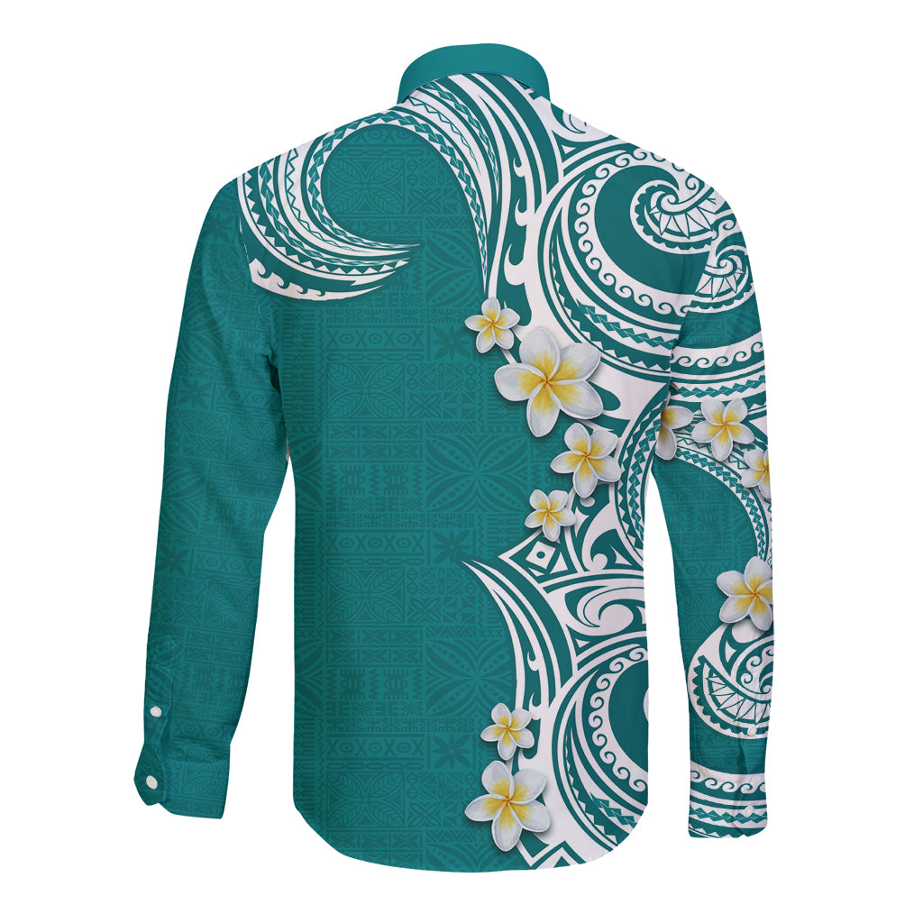Aloha Polynesian Plumeria Flower Long Sleeve Button Shirt Teal Color