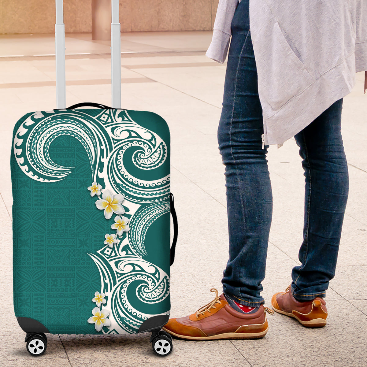 Aloha Polynesian Plumeria Flower Luggage Cover Teal Color