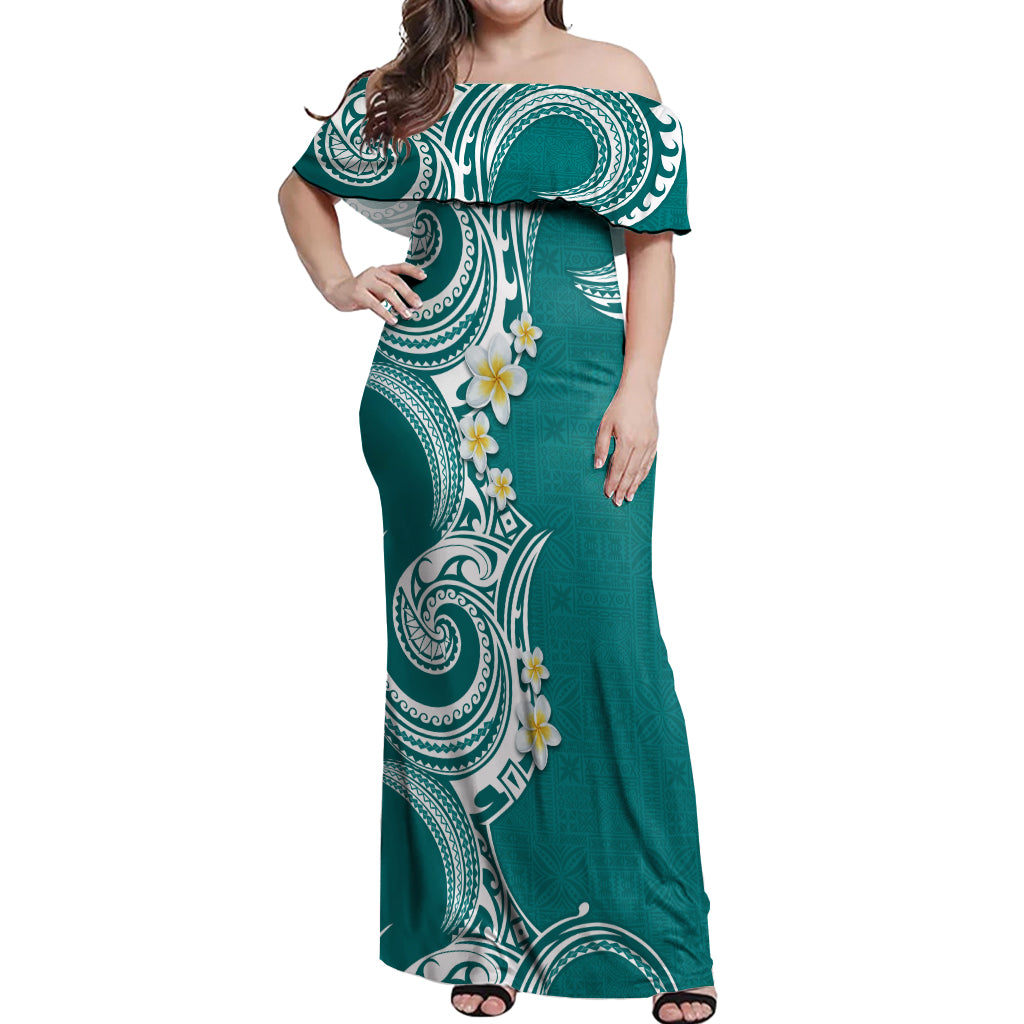 Aloha Polynesian Plumeria Flower Off Shoulder Maxi Dress Teal Color