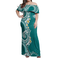 Aloha Polynesian Plumeria Flower Off Shoulder Maxi Dress Teal Color