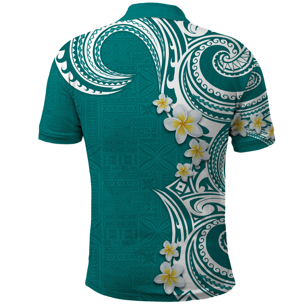 Aloha Polynesian Plumeria Flower Polo Shirt Teal Color