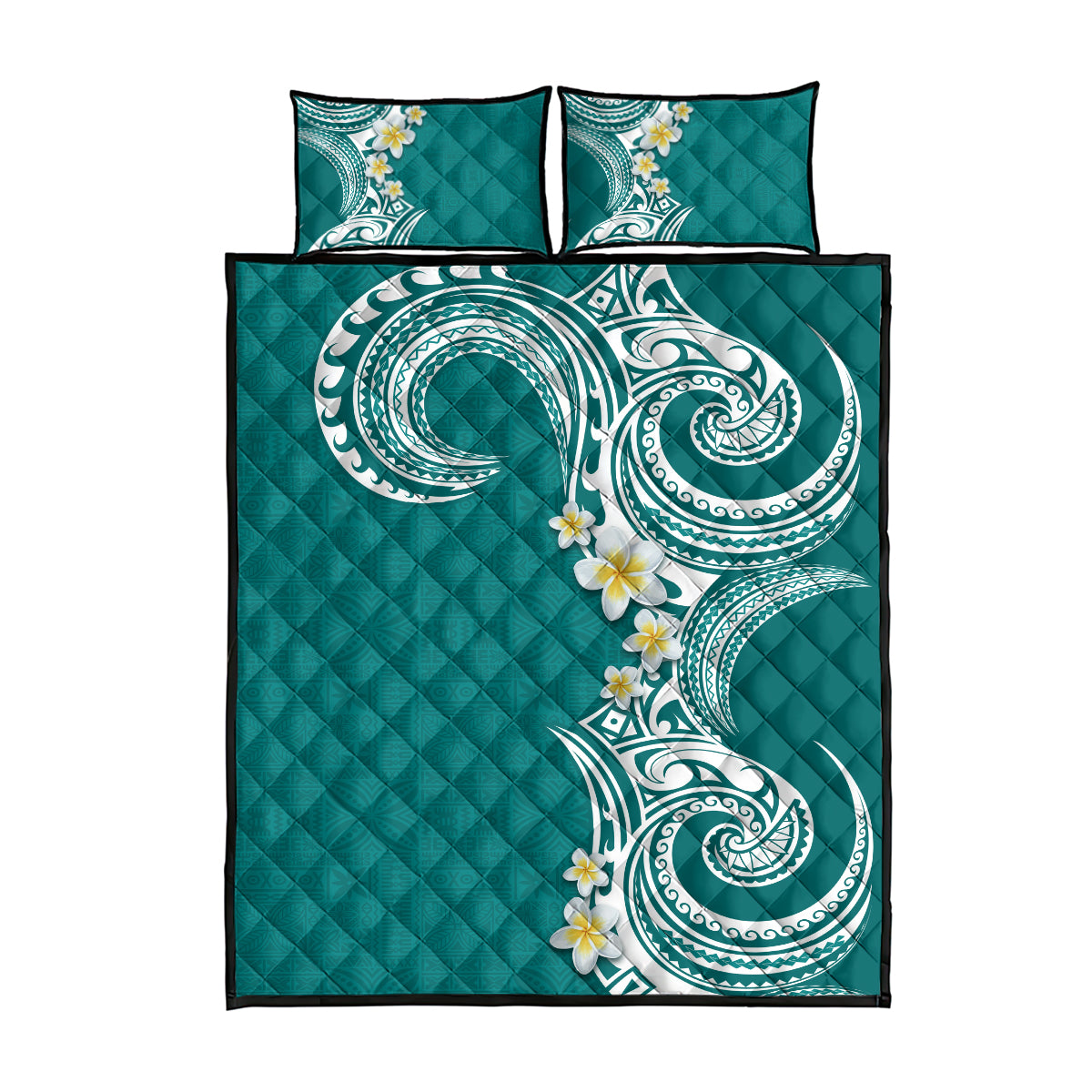 Aloha Polynesian Plumeria Flower Quilt Bed Set Teal Color