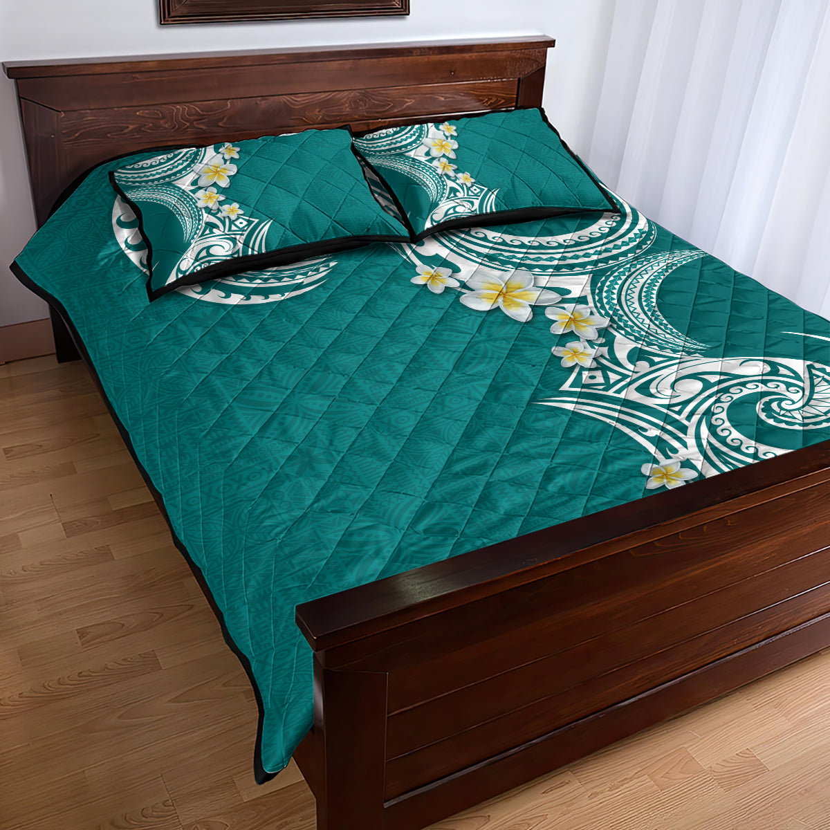 Aloha Polynesian Plumeria Flower Quilt Bed Set Teal Color