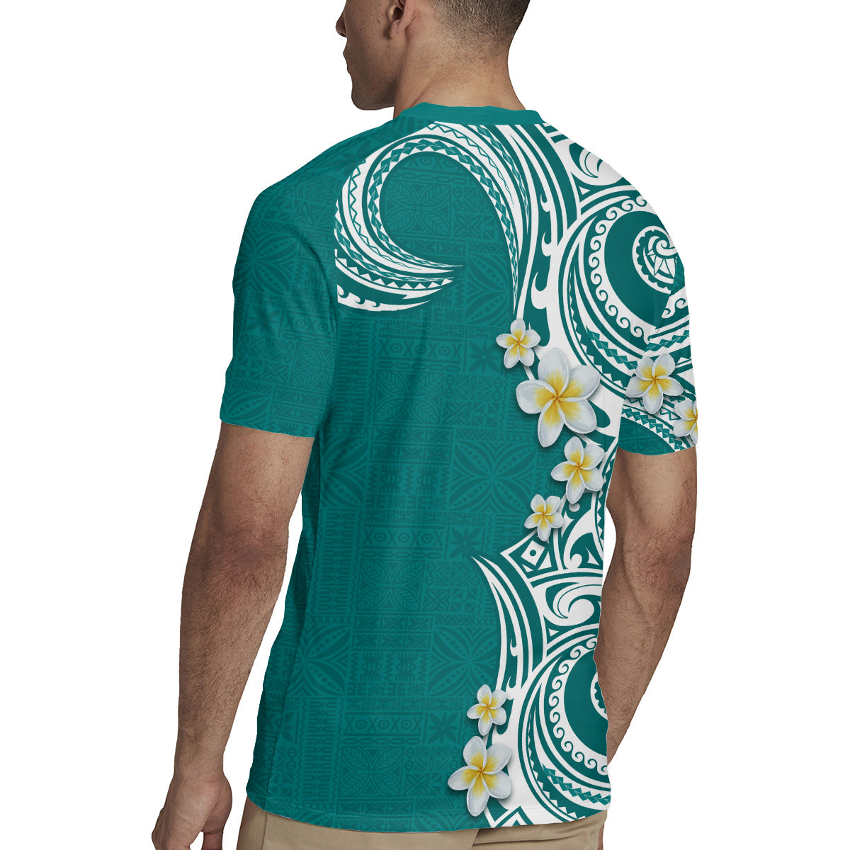 Aloha Polynesian Plumeria Flower Rugby Jersey Teal Color