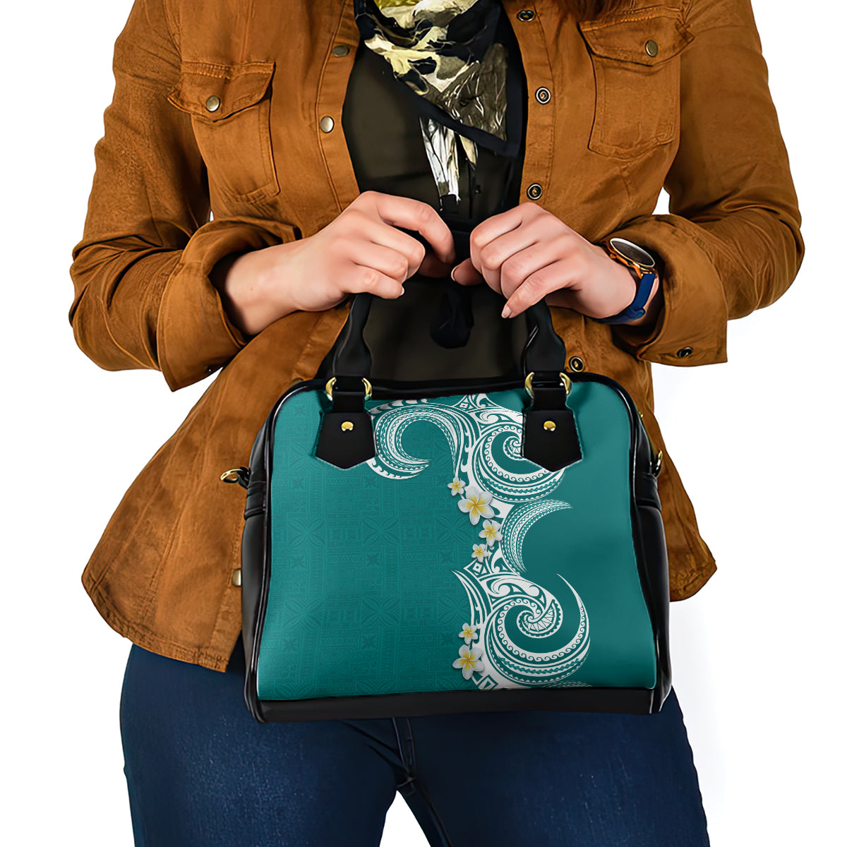 Aloha Polynesian Plumeria Flower Shoulder Handbag Teal Color