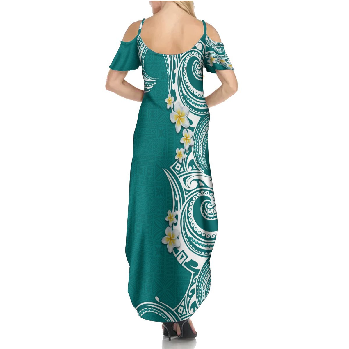 Aloha Polynesian Plumeria Flower Summer Maxi Dress Teal Color LT03 - Polynesian Pride