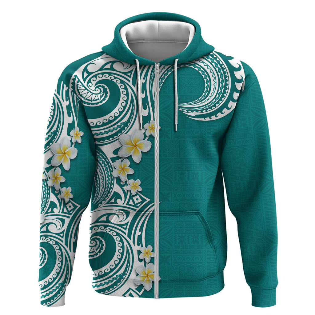 Aloha Polynesian Plumeria Flower Zip Hoodie Teal Color