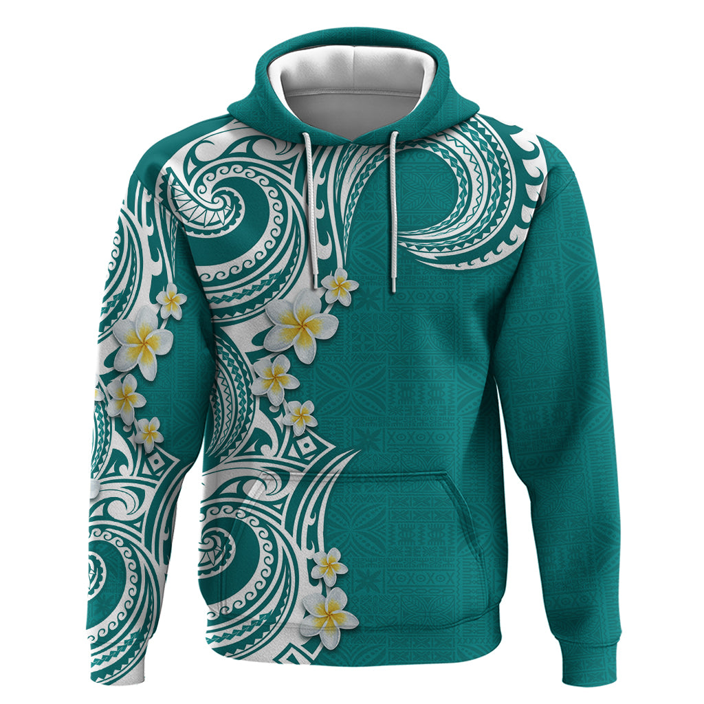 Aloha Polynesian Plumeria Flower Zip Hoodie Teal Color