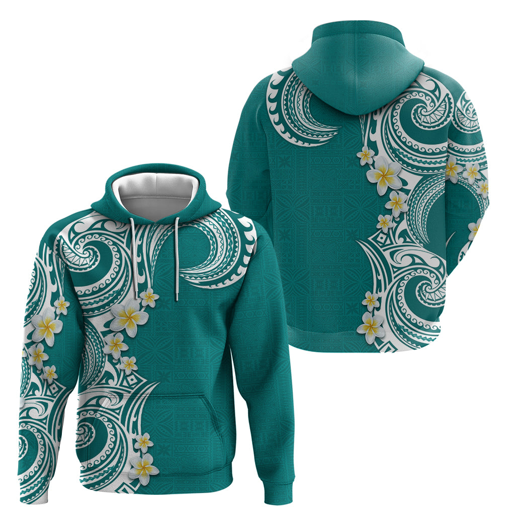 Aloha Polynesian Plumeria Flower Zip Hoodie Teal Color