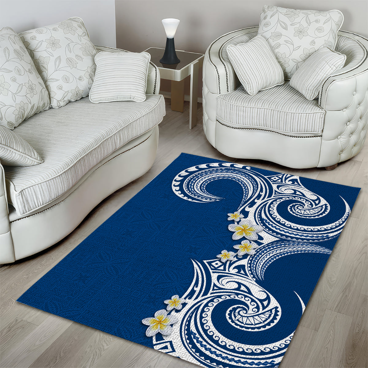 Aloha Polynesian Plumeria Flower Area Rug Blue Color
