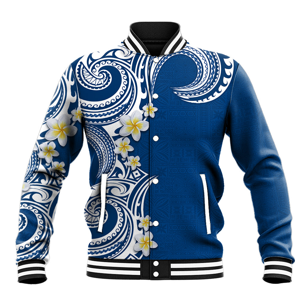 Aloha Polynesian Plumeria Flower Baseball Jacket Blue Color