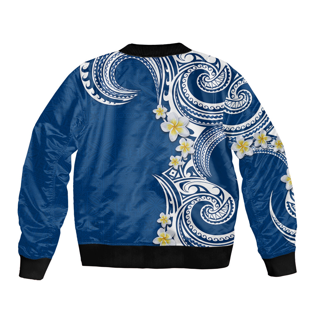 Aloha Polynesian Plumeria Flower Bomber Jacket Blue Color