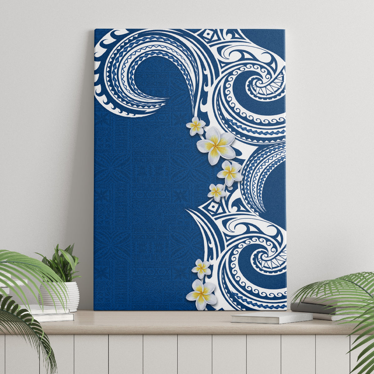 Aloha Polynesian Plumeria Flower Canvas Wall Art Blue Color